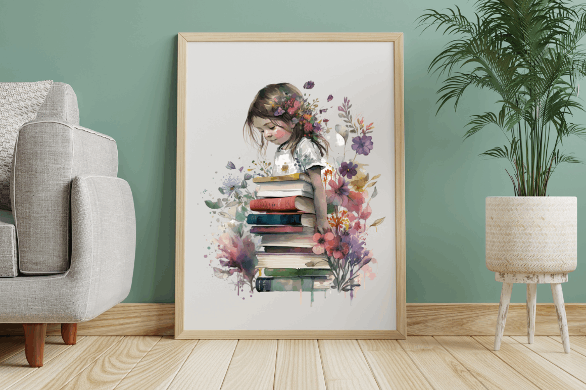 Watercolor Tiny Girl and Books Clipart Bundle