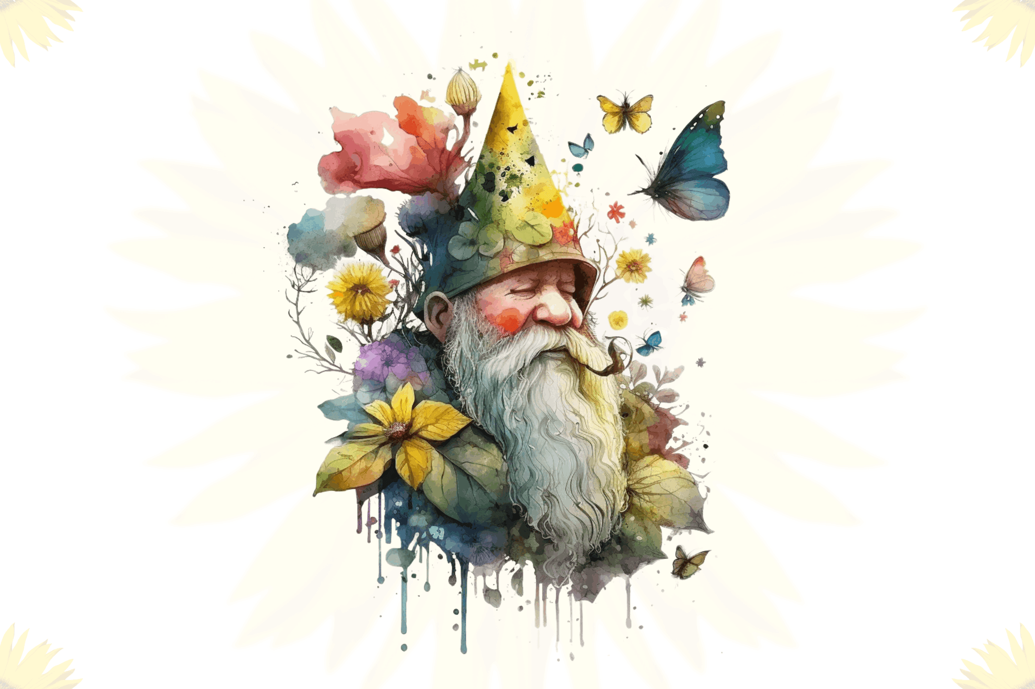 Watercolor Old man sunflower & Butterfly Clipart Bundle
