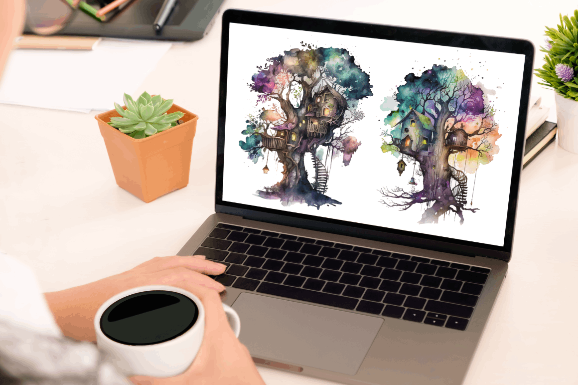 Watercolor  Fairy Tree House Clipart Bundle