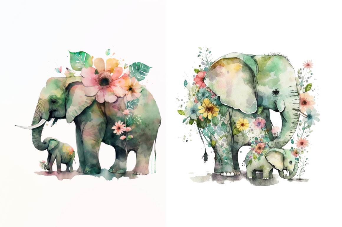 Watercolor Elephant Mom Floral Sublimation Clipart Bundle