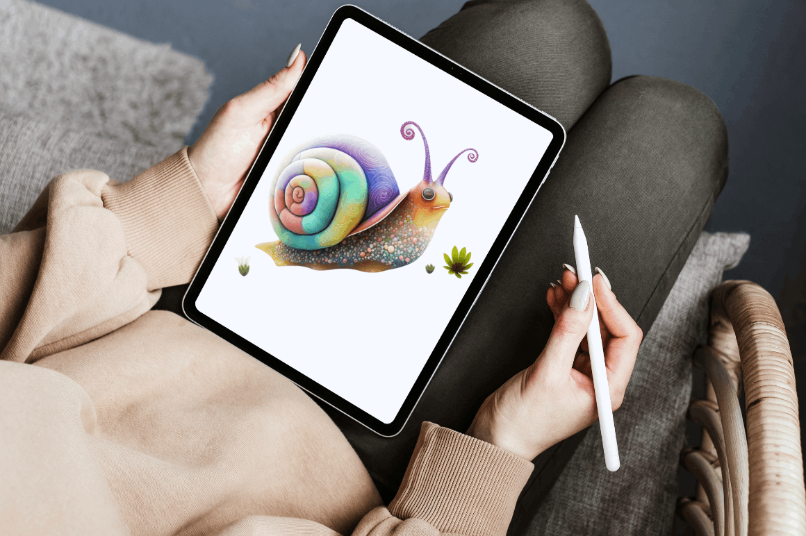 Watercolor Cute Fairy Snail Clipart Bundle