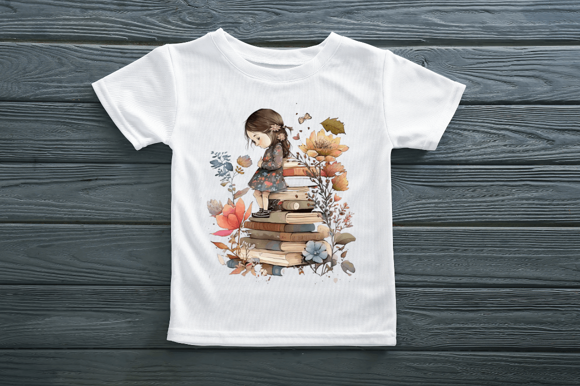 Watercolor Tiny Girl and Books Clipart Bundle