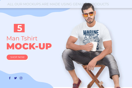 5 Editable Men’s T-Shirt Mock-Up Bundle – Realistic & Stylish Mock-Up Pack