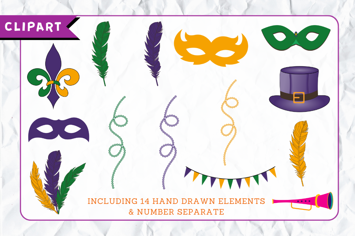 Mardi Gras Doodle Alphabet Bundle with Hand Drawn Clipart