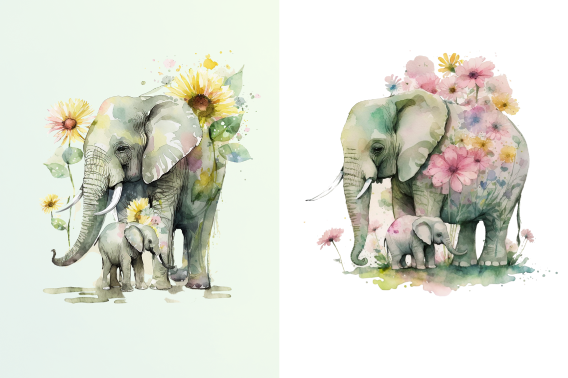 Watercolor Elephant Mom Floral Sublimation Clipart Bundle