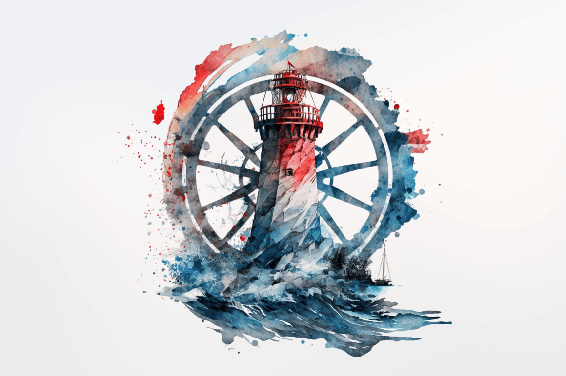 Watercolor Wheel and Lighthouse Clipart Bundle