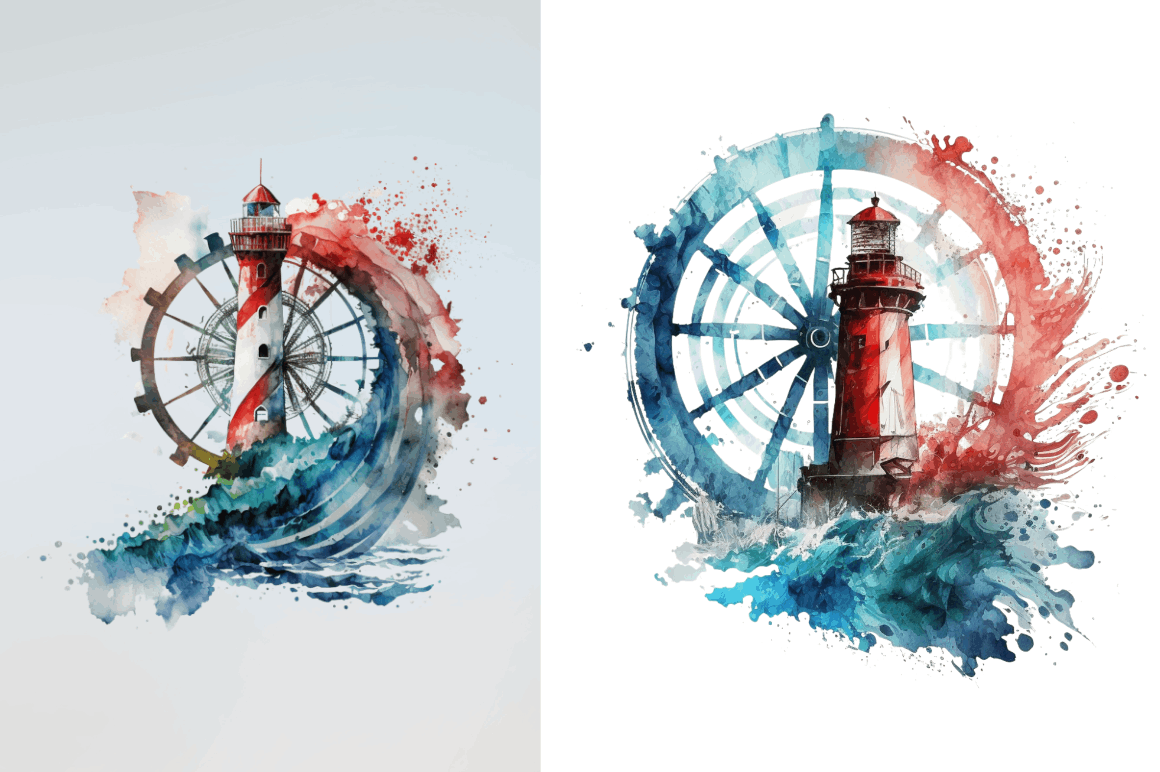 Watercolor Wheel and Lighthouse Clipart Bundle