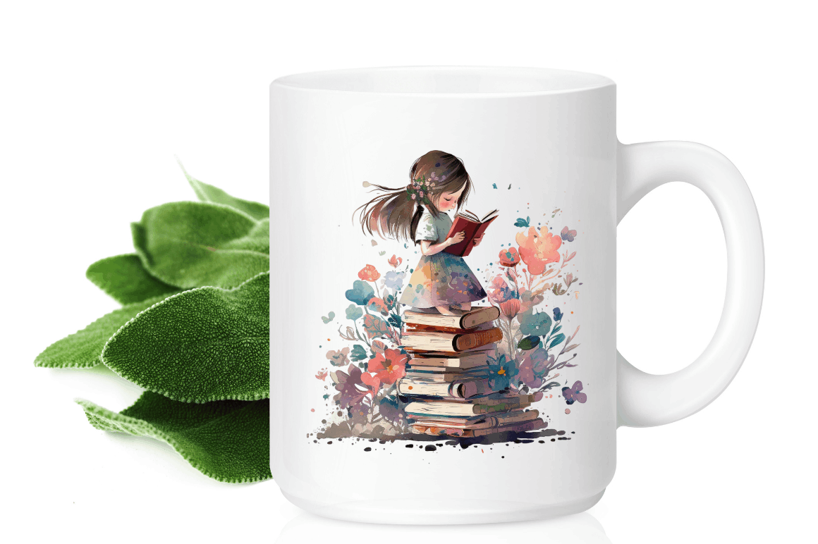 Watercolor Tiny Girl and Books Clipart Bundle