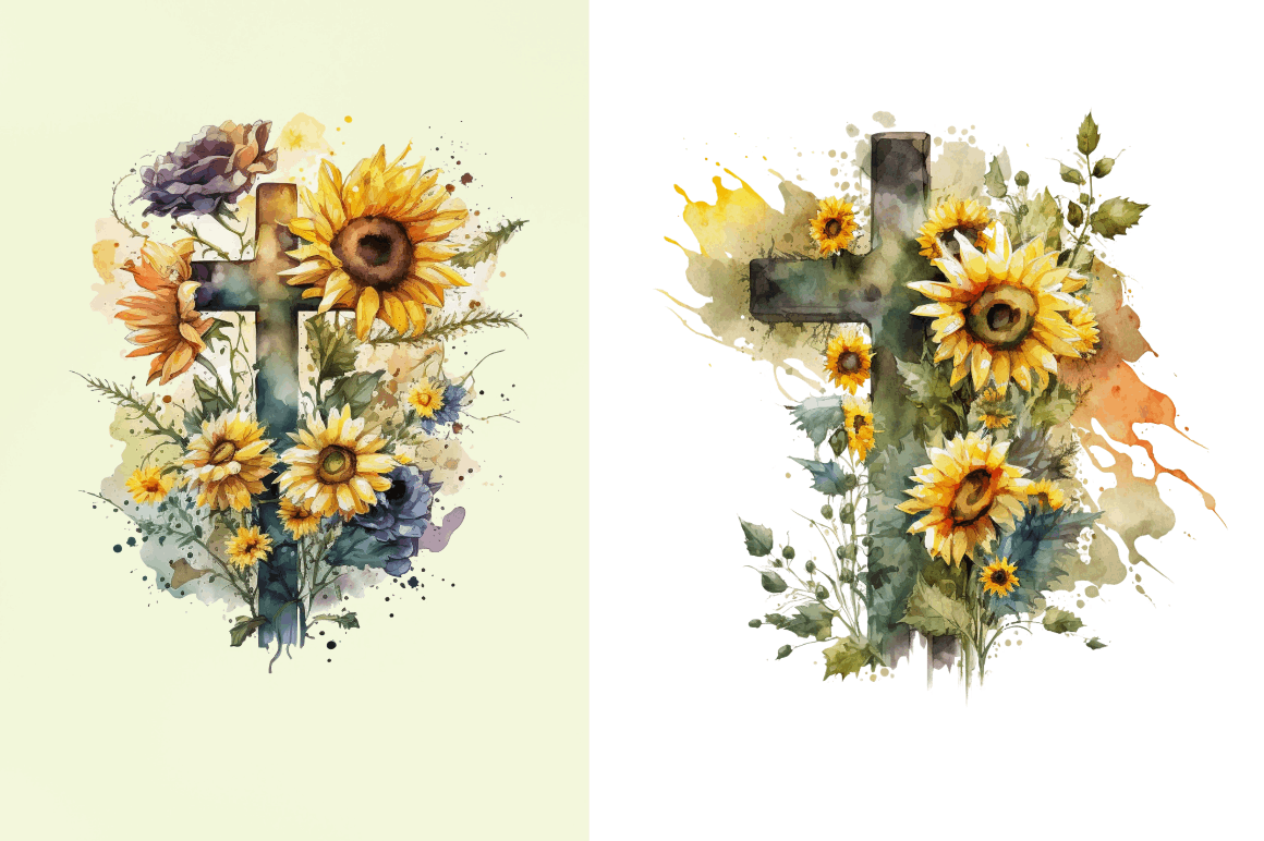 Watercolor Cross & Sunflowers Clipart Bundle