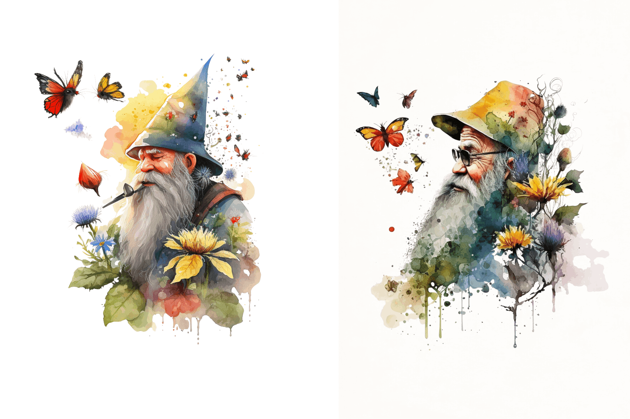 Watercolor Old man sunflower & Butterfly Clipart Bundle