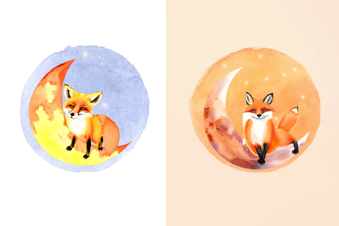 Watercolor  Cute Fox on The Moon Clipart Bundle