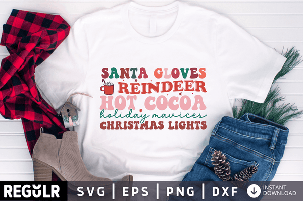 Santa gloves reindeer hot cocoa holiday mavices christmas lights  SVG, Retro Christmas SVG Design