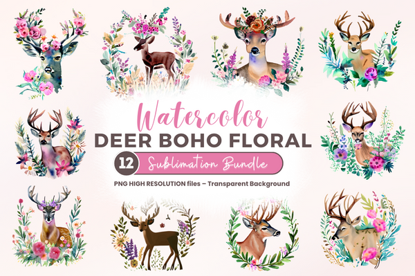 Watercolor Deer Boho Floral Sublimation Bundle