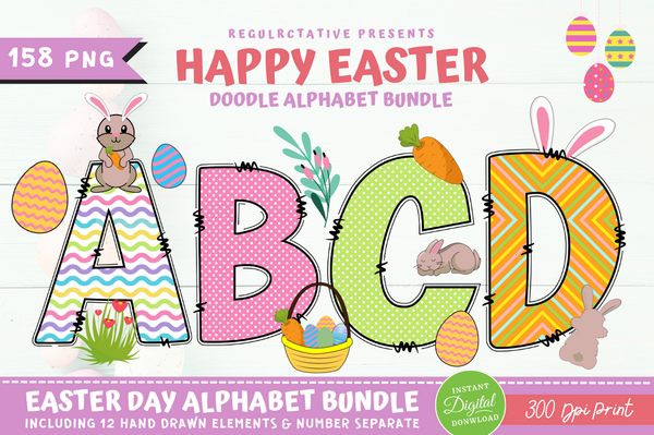 Easter day Doodle Alphabet Bundle with Hand Drawn Clipart