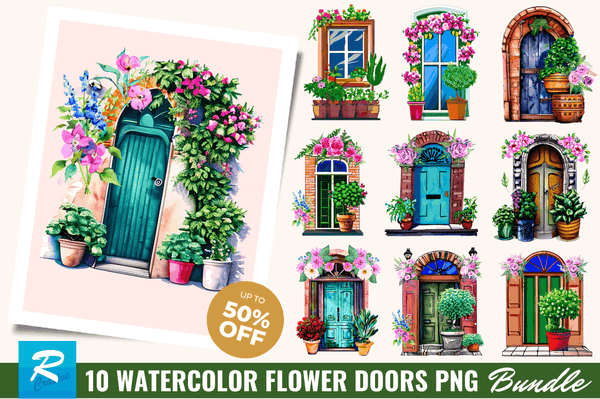 Watercolor Flower Doors Clipart Bundle