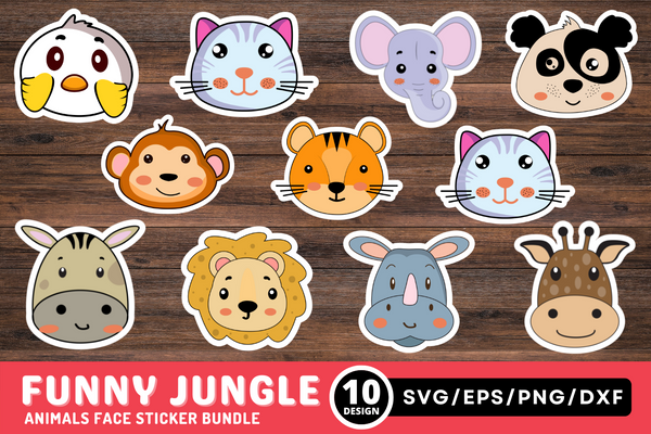 Funny Jungle Animals Faces Sticker Bundle