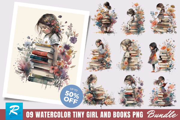 Watercolor Tiny Girl and Books Clipart Bundle