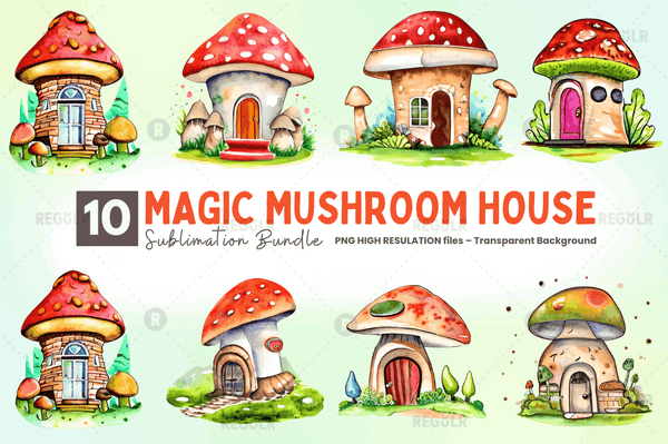 Watercolor Magic Mushroom House Clipart  Bundle