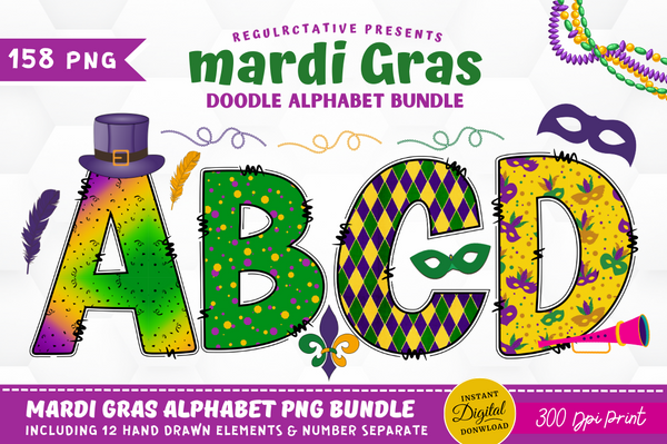 Mardi Gras Doodle Alphabet Bundle with Hand Drawn Clipart