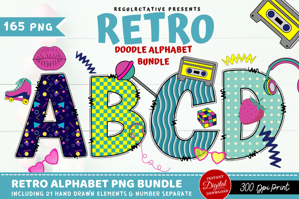 Retro Doodle Alphabet Bundle with Hand Drawn Clipart