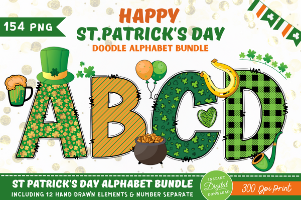 St Patrick’s Alphabet with Hand Drawn Numbers and Clipart