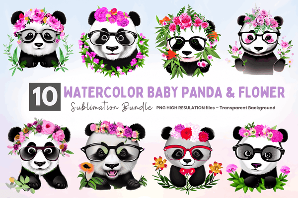 Watercolor Baby Panda and Flower Clipart Bundle