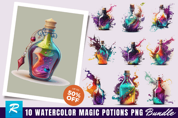 Watercolor Bottles with Magic Potions Clipart Bundle