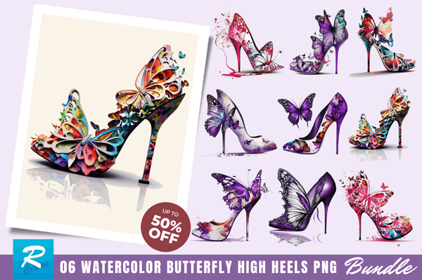 Watercolor  Butterfly High Heels Clipart Bundle