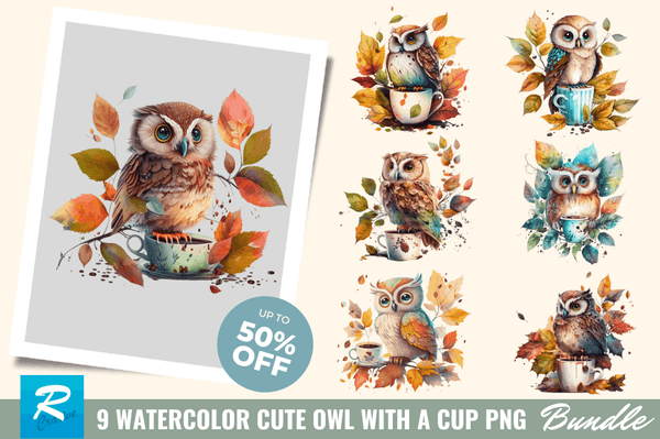 Watercolor Cute Owl with a Cup Clipart Bundle
