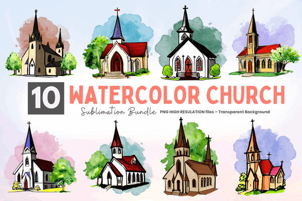 Watercolor  Church Sublimation Clipart Bundle