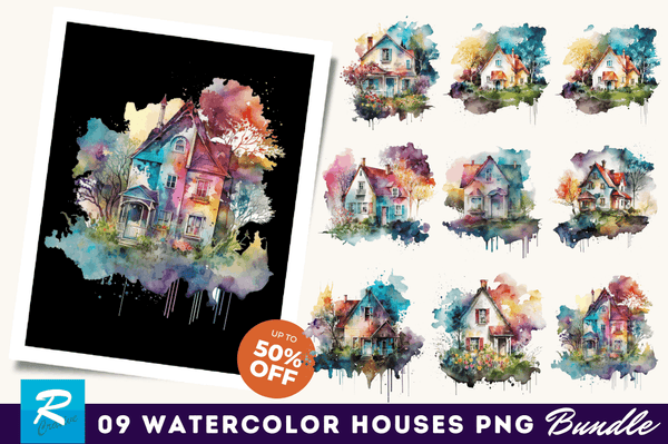 Watercolor Colorful Houses Clipart Bundle