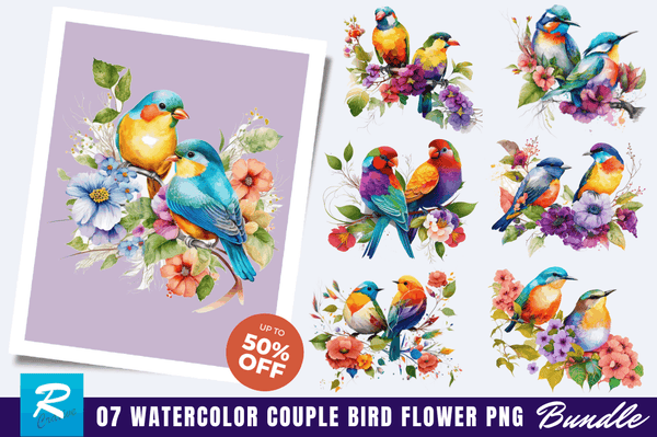 Watercolor Couple Bird Flower Clipart Bundle