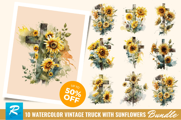 Watercolor Cross & Sunflowers Clipart Bundle