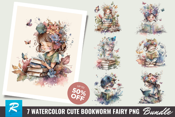 Watercolor Cute Bookworm Fairy Clipart Bundle