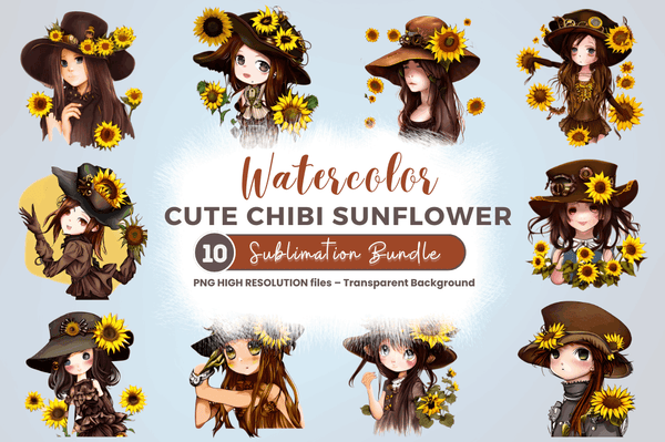 Watercolor Cute Chibi Sunflower  Clipart Bundle