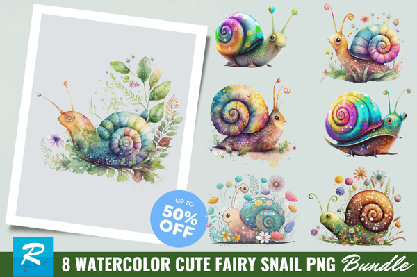 Watercolor Cute Fairy Snail Clipart Bundle