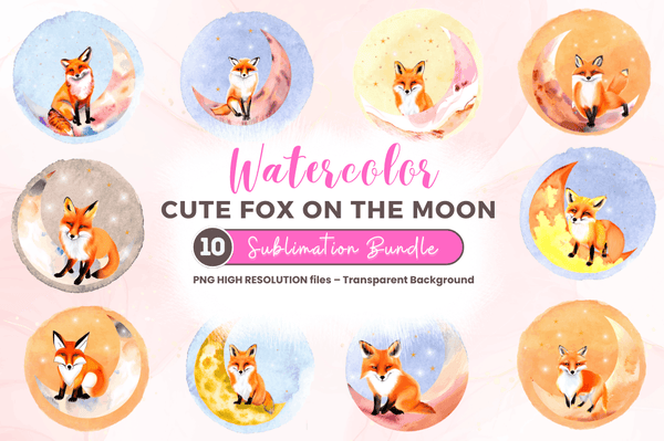 Watercolor  Cute Fox on The Moon Clipart Bundle