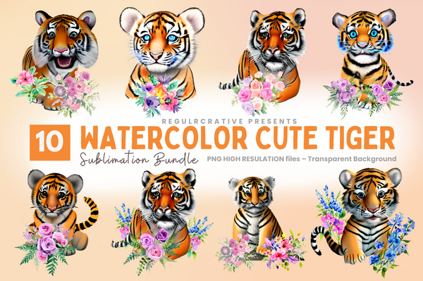 Watercolor Cute Tiger Clipart Bundle