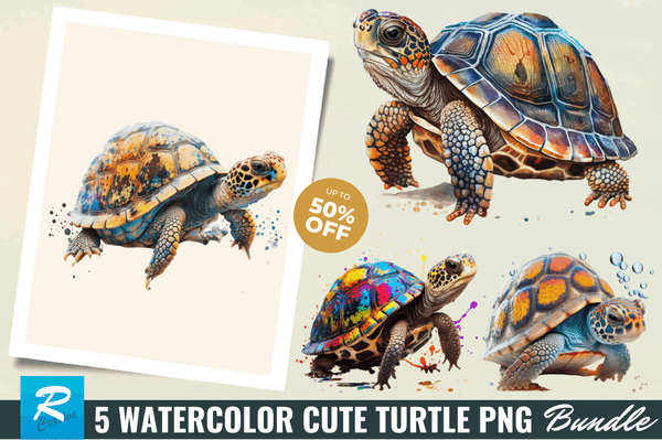 Watercolor Cute Turtle Sublimation Clipart Bundle
