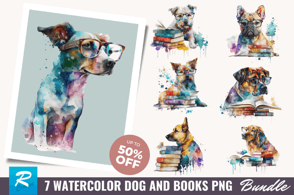 Watercolor Dog and Books  Clipart  Bundle