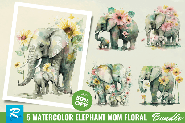 Watercolor Elephant Mom Floral Sublimation Clipart Bundle