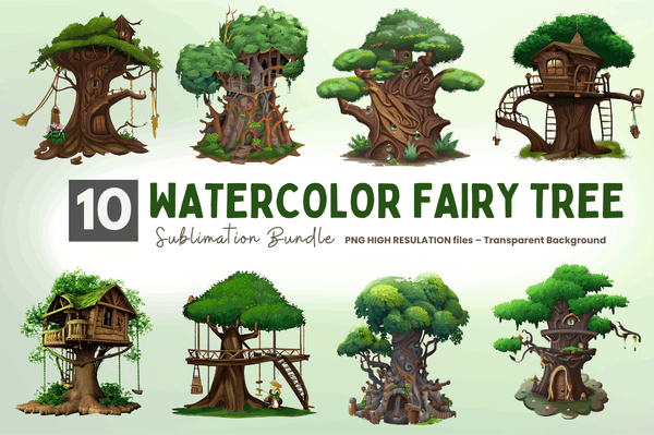 Watercolor  Fairy Tree Clipart Bundle