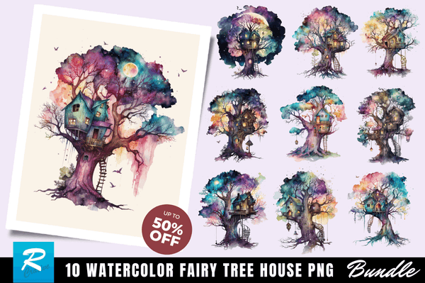 Watercolor  Fairy Tree House Clipart Bundle