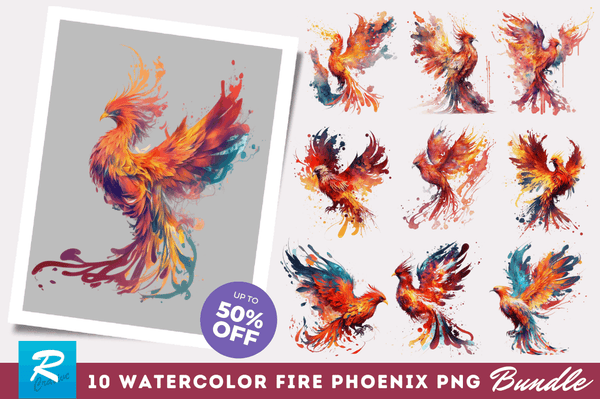 Watercolor  Fire Phoenix Clipart Bundle