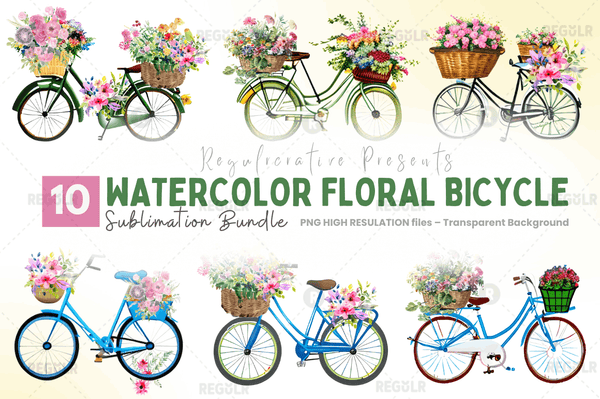 Watercolor Floral Bicycle Clipart Bundle