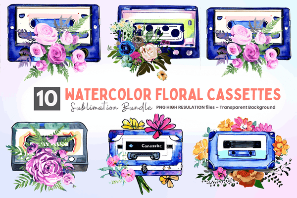 Watercolor  Floral Cassettes Clipart Bundle