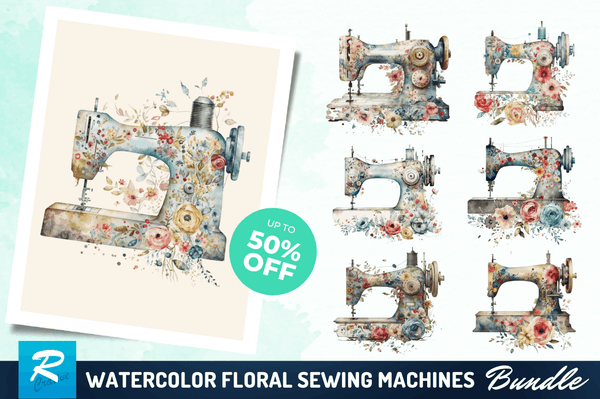 Watercolor Floral Sewing Machines Clipart Bundle