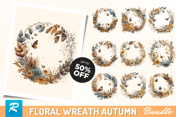 Watercolor Floral Wreath Autumn Clipart Bundle