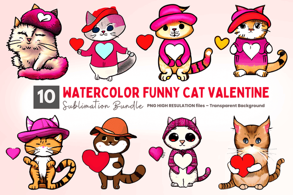 Watercolor Funny Cat Valentine Clipart Bundle