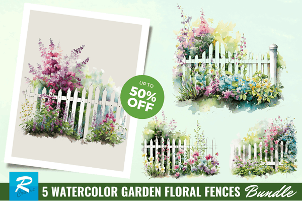 Watercolor Garden floral Fences Clipart Bundle